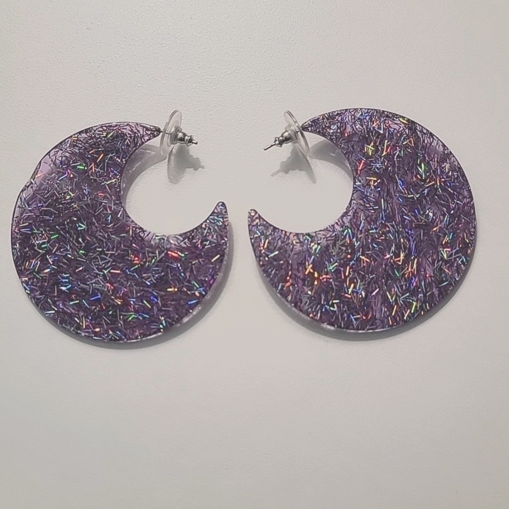 80's/Retro Purple confetti acrylic half moon earrings